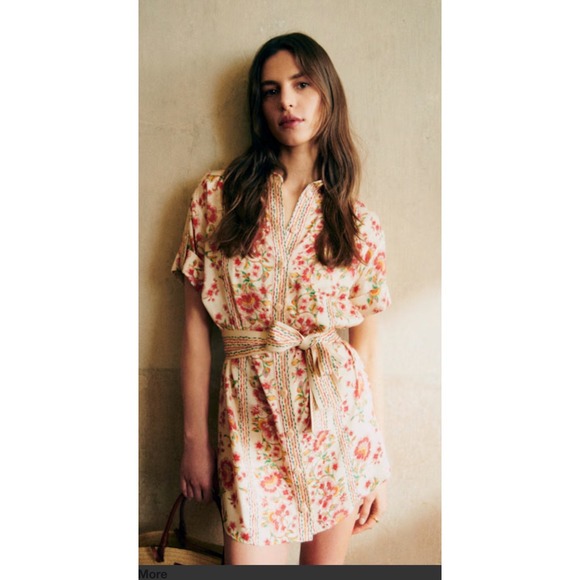 Sezane Dresses & Skirts - Sezane Ana Dress Fiori Rossi Floral Embroidered Shirt Dress Belted Cream Size 36